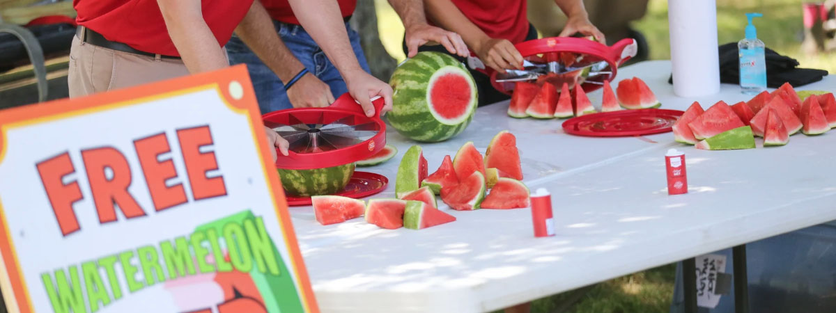 ts bank employees cutting watermelon at the watermelon 