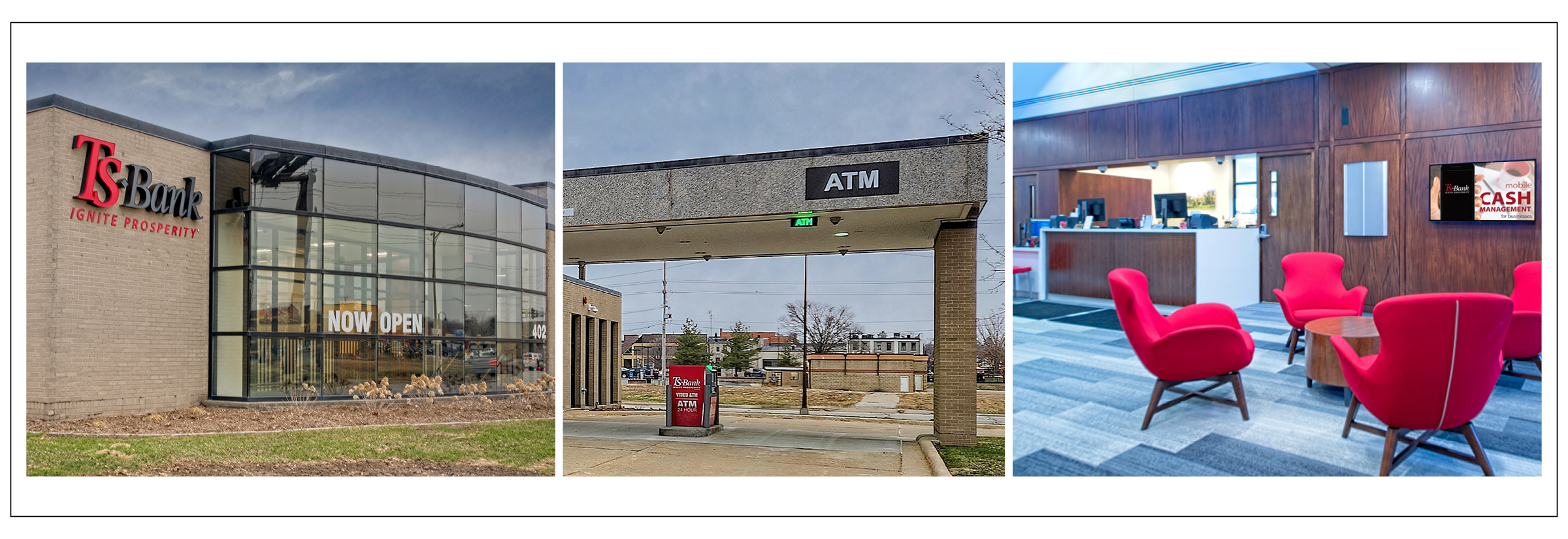 exterior and interior images of the ts bank ames location