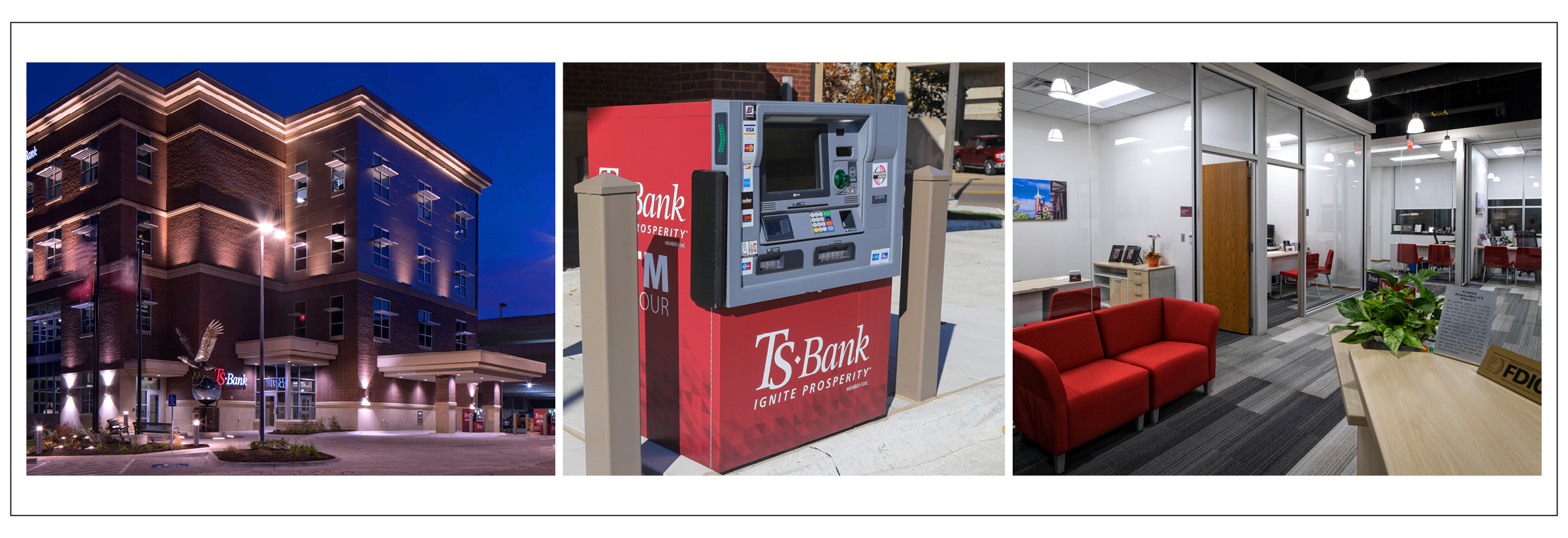 exterior and interior images of ts bank downtown council bluffs location