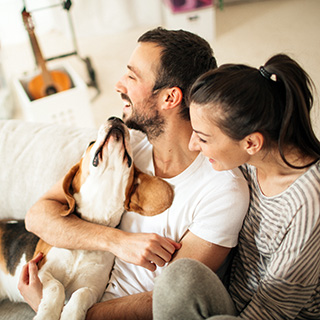 couple on couch with their dog