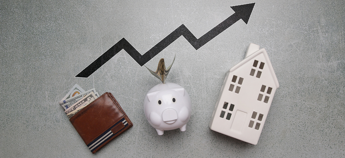 wallet, piggy bank and house with arrow pointing up